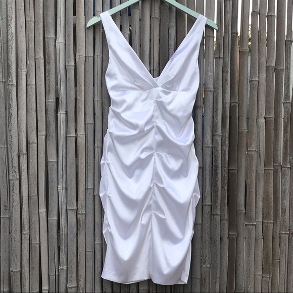 White Bodycon Ruched Front Satin Mini Dress - Picture 2 of 5